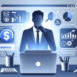 Moderne featured image som viser en entreprenør foran en skjerm med grafer, Google Ads-ikon, og symboler for budsjett og konvertering; stil ren, profesjonell og teknologisk