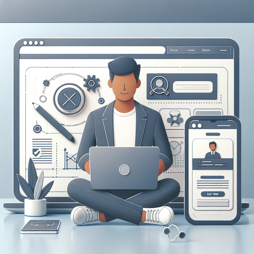 Moderne, profesjonelt nettgrensesnitt på en laptop og mobil, entreprenør som jobber, fokus på UX, SEO og teknisk oppsett, minimalistisk stil