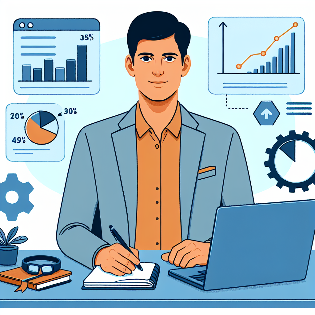 Illustrasjon av en moderne entreprenør som arbeider med affiliate-markedsføring: laptop med diagrammer, notatbok, og ikoner for trafikk, analyse og konvertering, minimalistisk og profesjonell.
