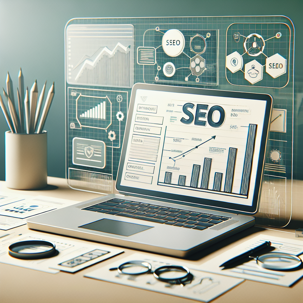 Forsidebilde for en SEO-guide til entreprenører: moderne laptop på et skrivebord, notater med søkeord, graf som viser organisk vekst, nøytrale blå og grønne farger