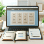 Ren, moderne arbeidsstasjon med laptop som viser et responsivt template, notatblokk, kaffe og en sjekkliste for nettsidetemplater, lys og profesjonell stil