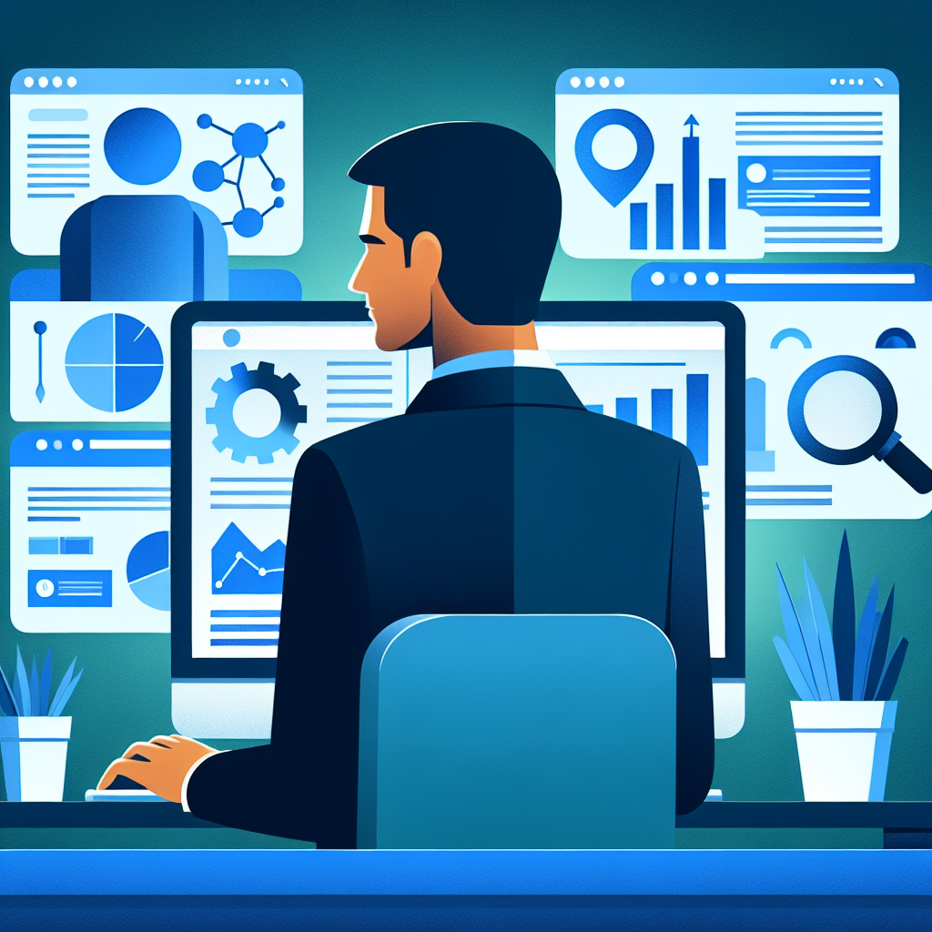Entreprenør foran dataskjerm som analyserer SEO-data og lokale søk, moderne flat design, diagrammer og nettsideelementer, blå-grønn fargepalett